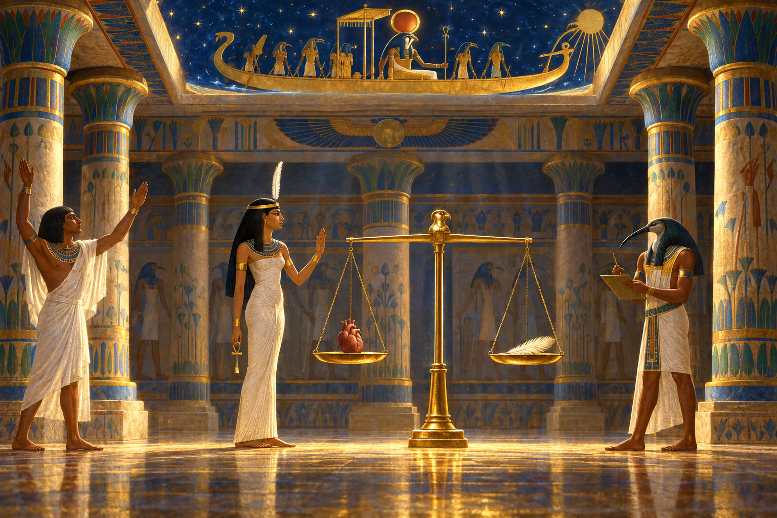 The Hall of the Two Truths: a golden balance weighs a heart against the feather of Ma'at while Thoth records the verdict and the Bark of Ra sails overhead.