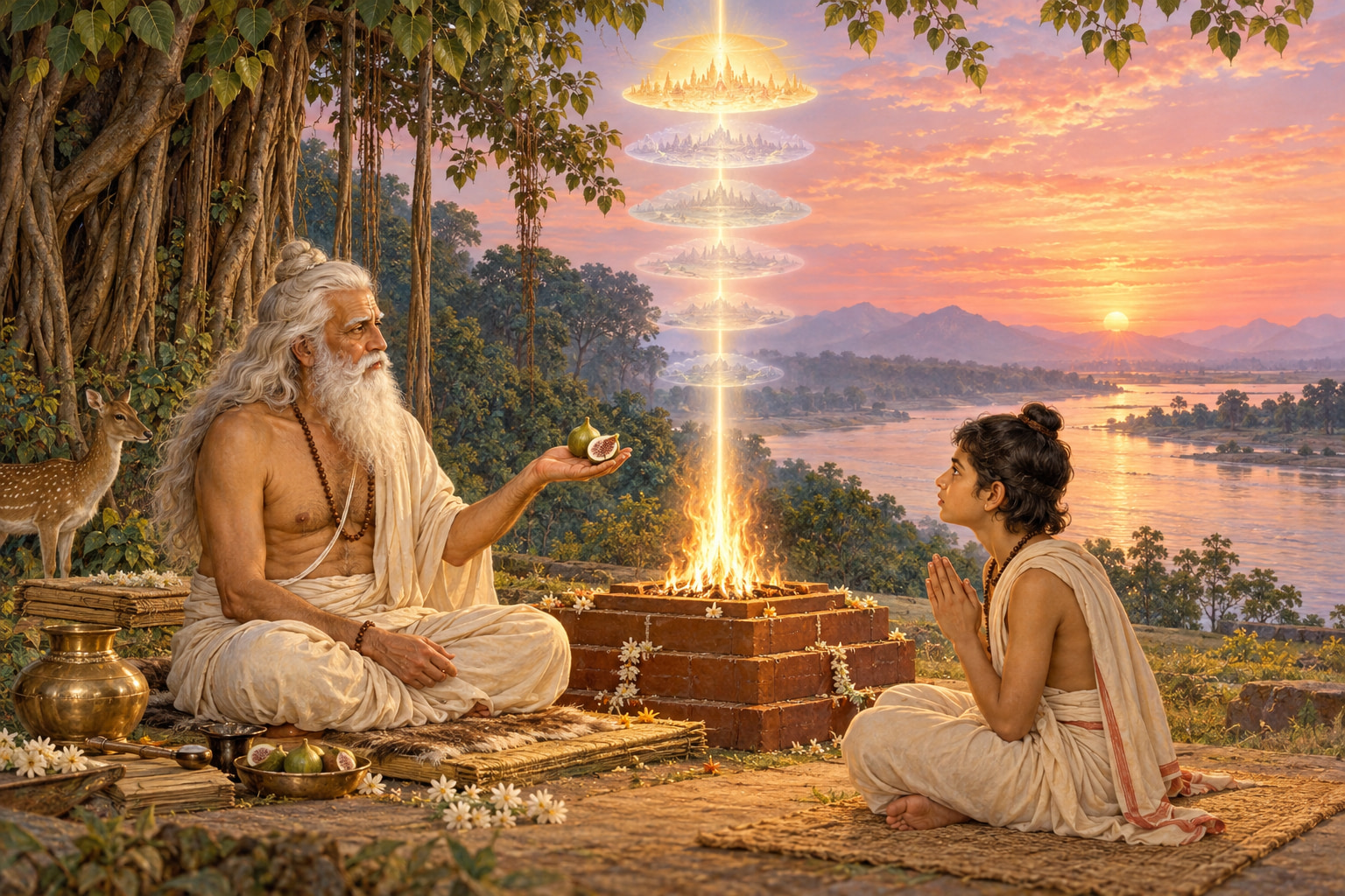 An aged Vedic teacher and his son sit before a brick fire altar at dawn by a river, the flame rising as a pillar of light through 7 tiers of sky.