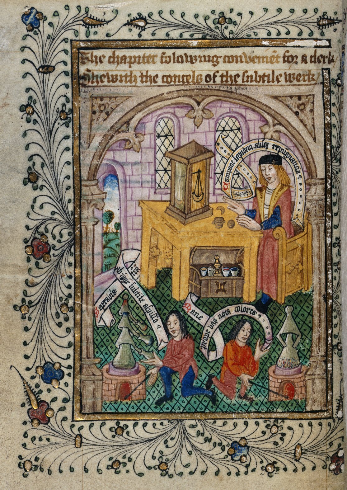 An illuminated manuscript page: a robed master sits at a table beside a balance enclosed in a glass case, while 2 assistants kneel at furnaces with alembics, inside a richly decorated border.