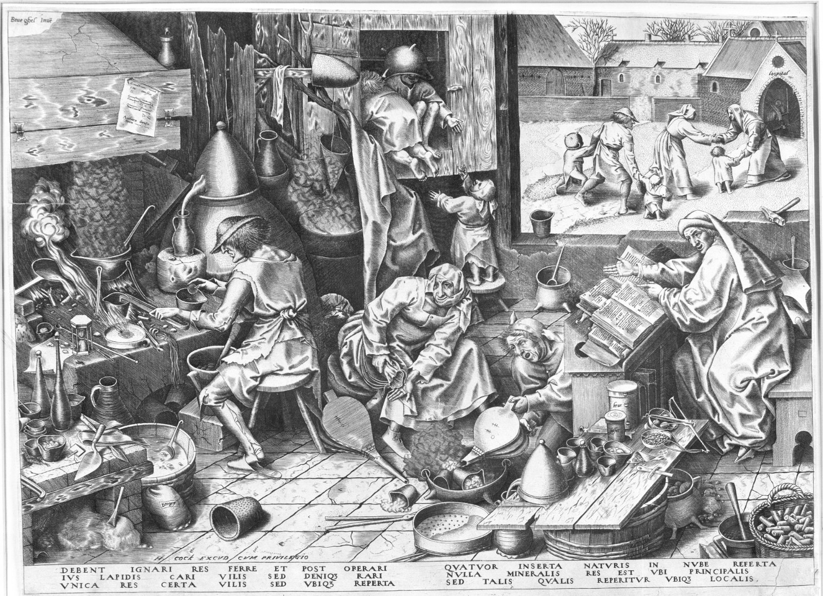 A crowded engraving of a ruined household: an alchemist drops a coin into a crucible while his wife shows an empty purse, children search empty cupboards, a fool works the bellows, and in a vignette at upper right the family is led to the poorhouse.