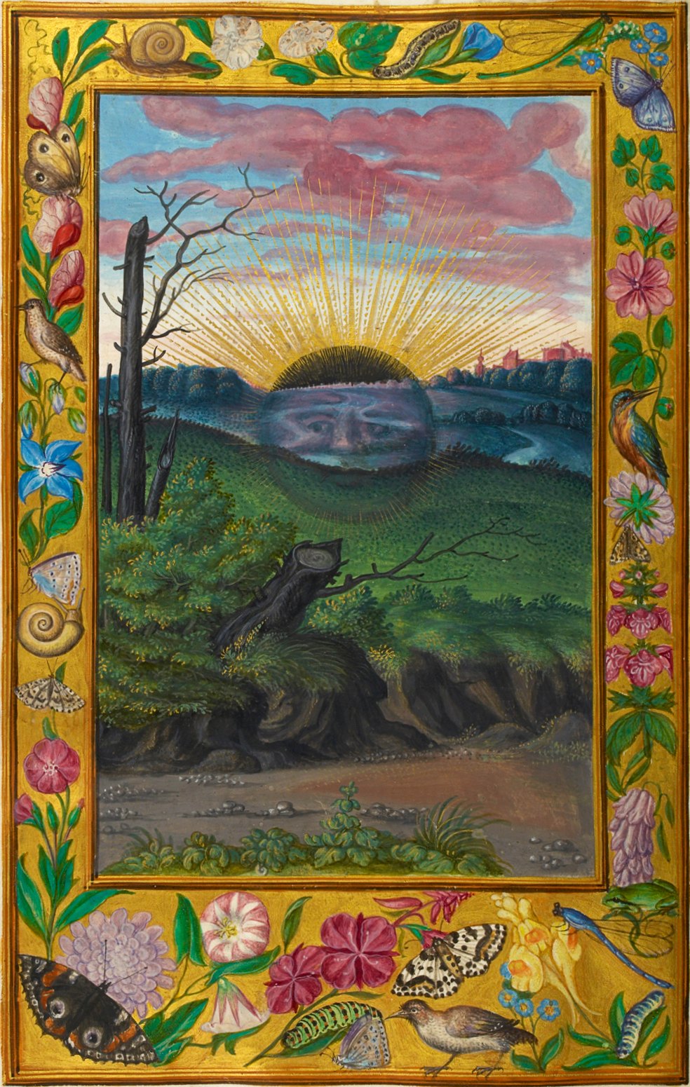 A manuscript painting framed in flowers and birds: a dark sun with a human face sits low over a shadowed landscape with felled trees and a distant walled city.