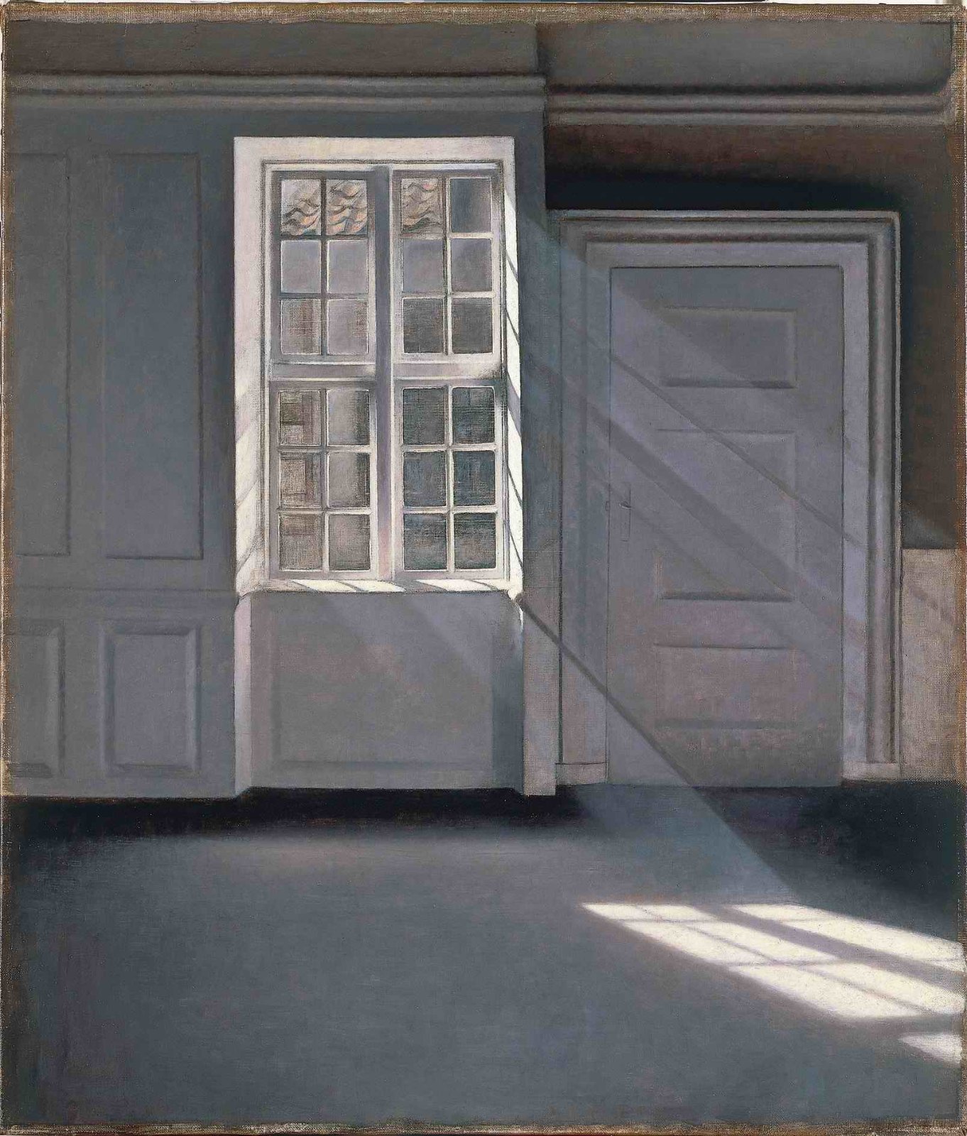 A painting of an empty, plain room with grey walls and wooden floorboards; sunlight streams diagonally through a tall window and falls in a bright patch on the floor, the dust visible in the beam.