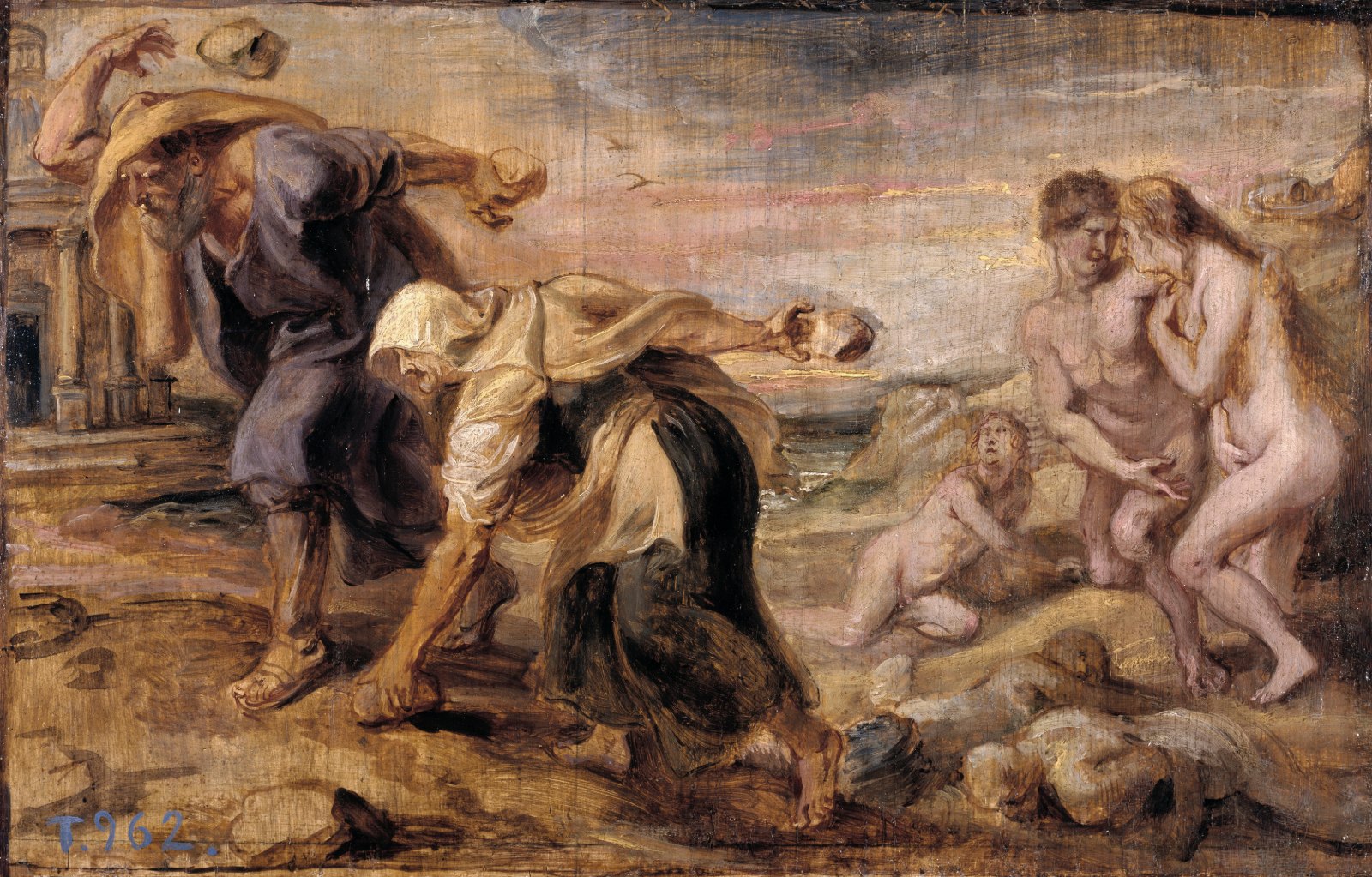An oil sketch in warm browns: an old man and a woman stride across rocky ground throwing stones over their shoulders, while behind them pale human figures rise out of the stones on the ground.