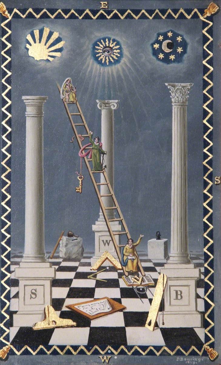 A painted Masonic tracing board: 3 columns stand on a black and white chequered floor beneath a starry blue canopy with sun and moon; a ladder rises to the stars; a rough stone and a squared stone stand on the pavement among the working tools.