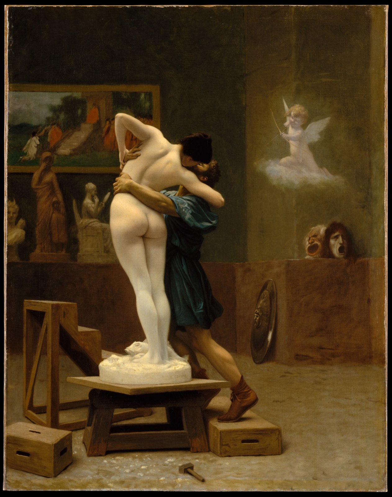 In a sculptor's studio, a marble statue of a nude woman on a pedestal comes to life from the waist up and bends to kiss the sculptor who embraces her, while a small winged Cupid hovers nearby.