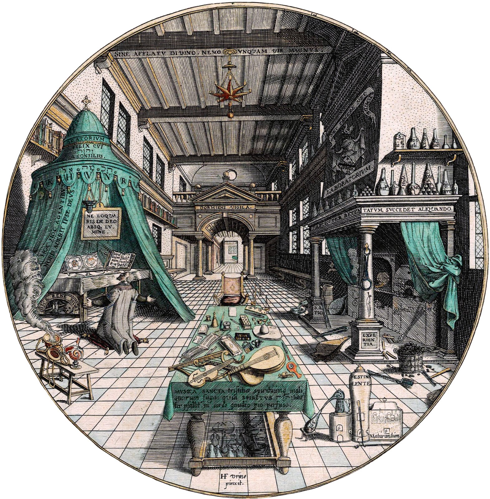 A circular hand-coloured engraving of a great hall: at the left an alchemist kneels in prayer in a draped oratory tent before an open book; in the centre stands a table with musical instruments; at the right is a laboratory with furnaces, vessels and shelves.