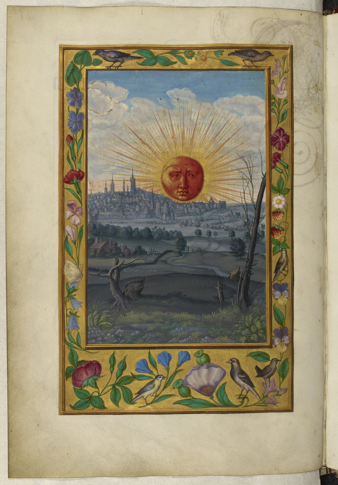 A manuscript painting in a border of flowers and birds: a great red-gold sun with a human face rises over a shadowed walled city and a countryside of felled trees.