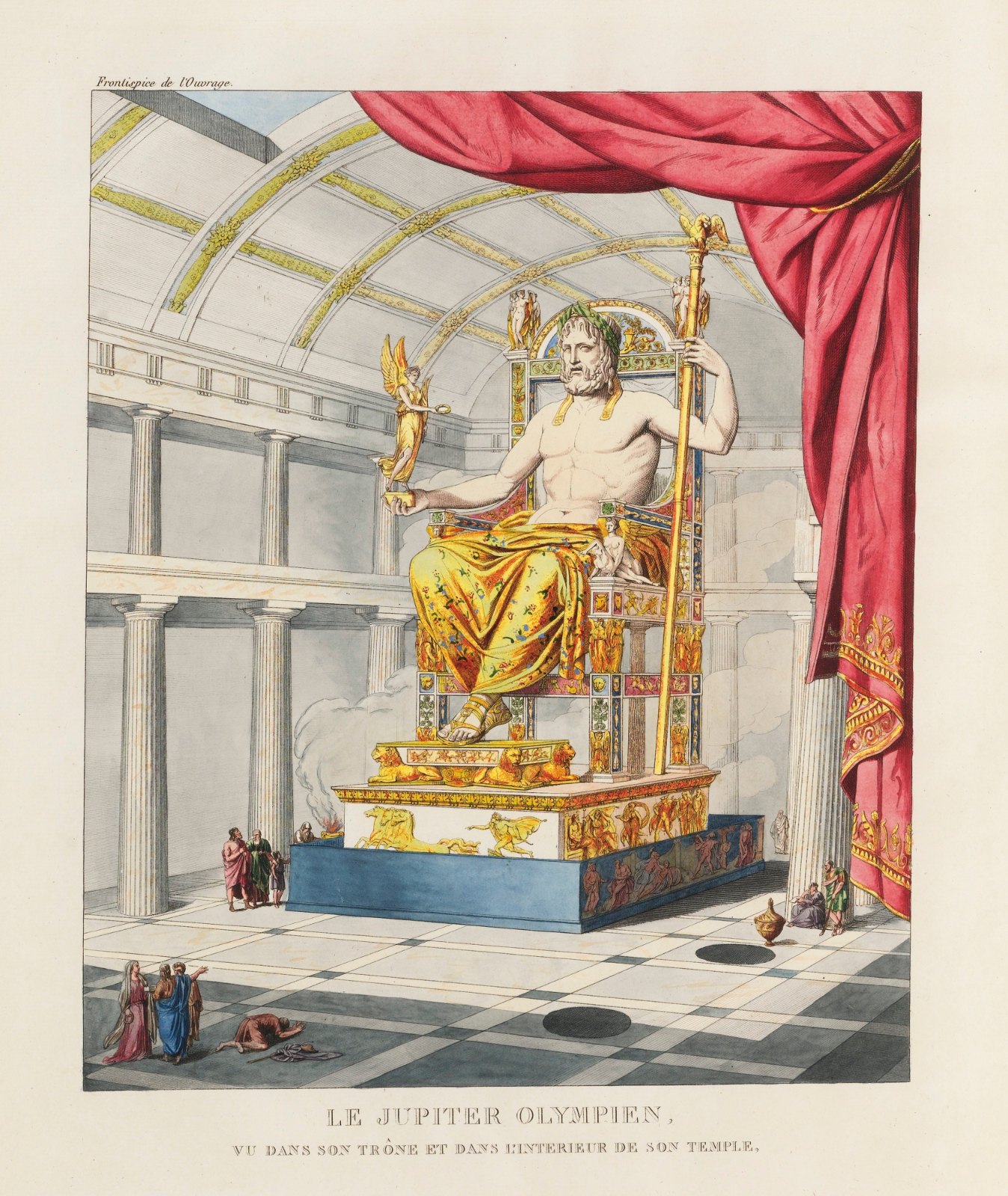 A coloured engraving reconstructing the colossal gold and ivory statue of Zeus enthroned in his temple at Olympia, holding a Victory and a sceptre, with tiny human figures at its base.