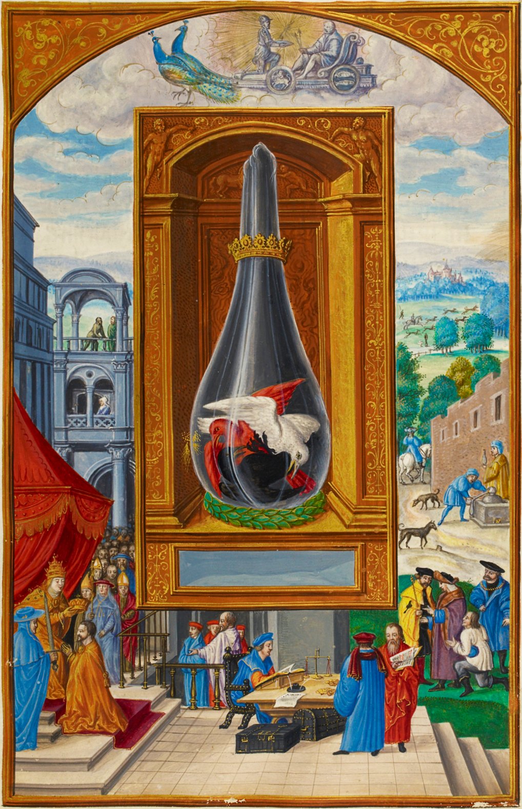 A manuscript painting of an ornate glass flask in which a black bird lies beneath a white bird and a red bird, under a chariot drawn through the sky.