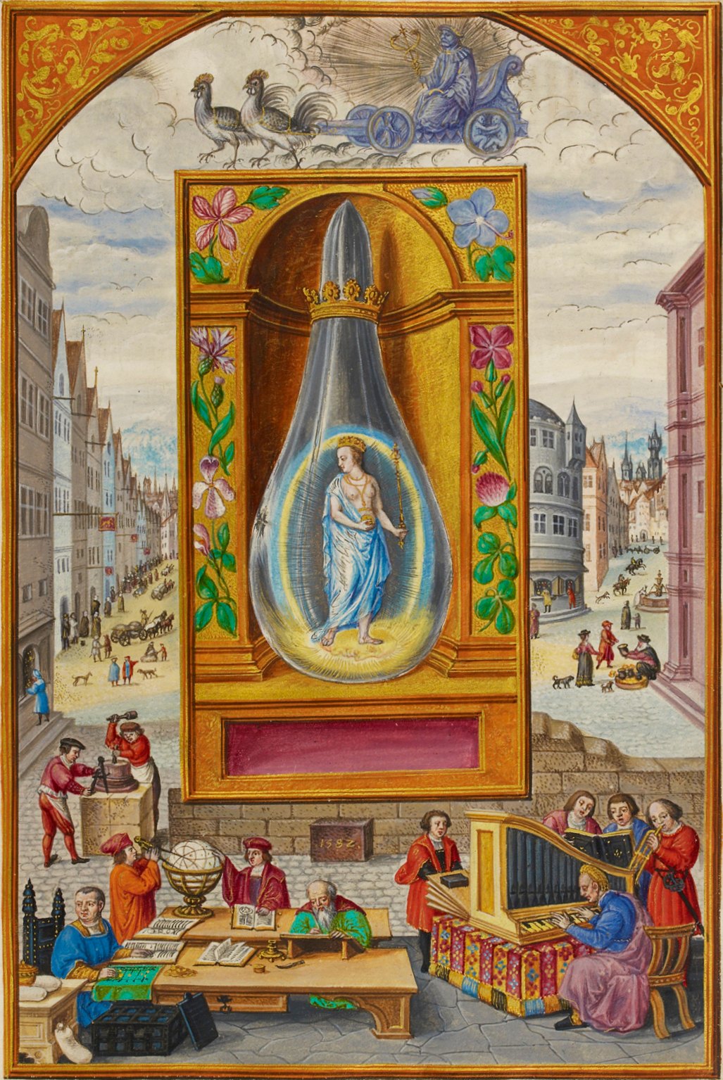 A manuscript painting of an ornate glass flask in which a crowned queen in pale blue and white stands in a white radiance, under a chariot in the sky.