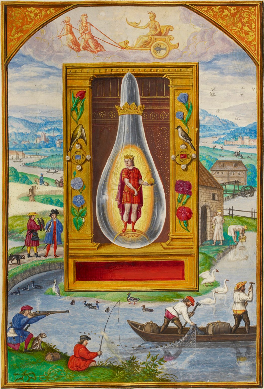 A manuscript painting of an ornate glass flask in which a young king in red, with orb and sceptre, stands on a crescent moon in a golden radiance.