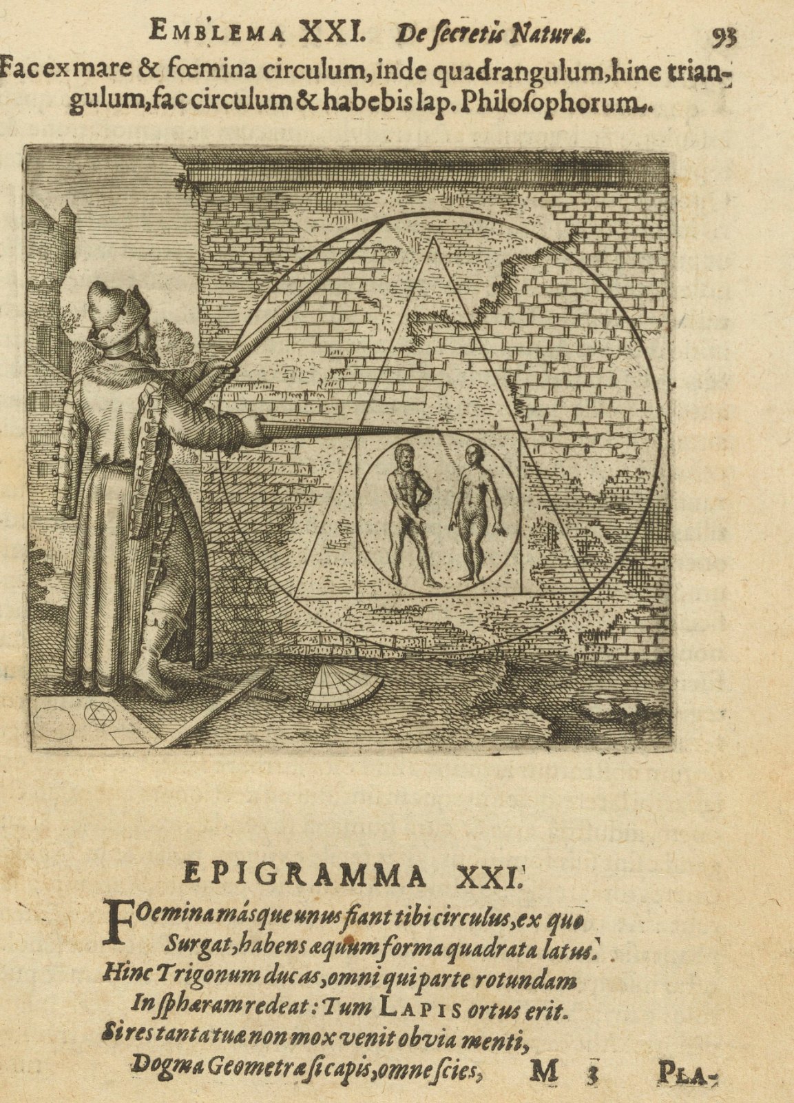 An early engraving on a printed page: a scholar with compasses draws on a wall a circle around a triangle around a square around a circle in which a man and a woman stand; the emblem's Latin title above and its epigram below.