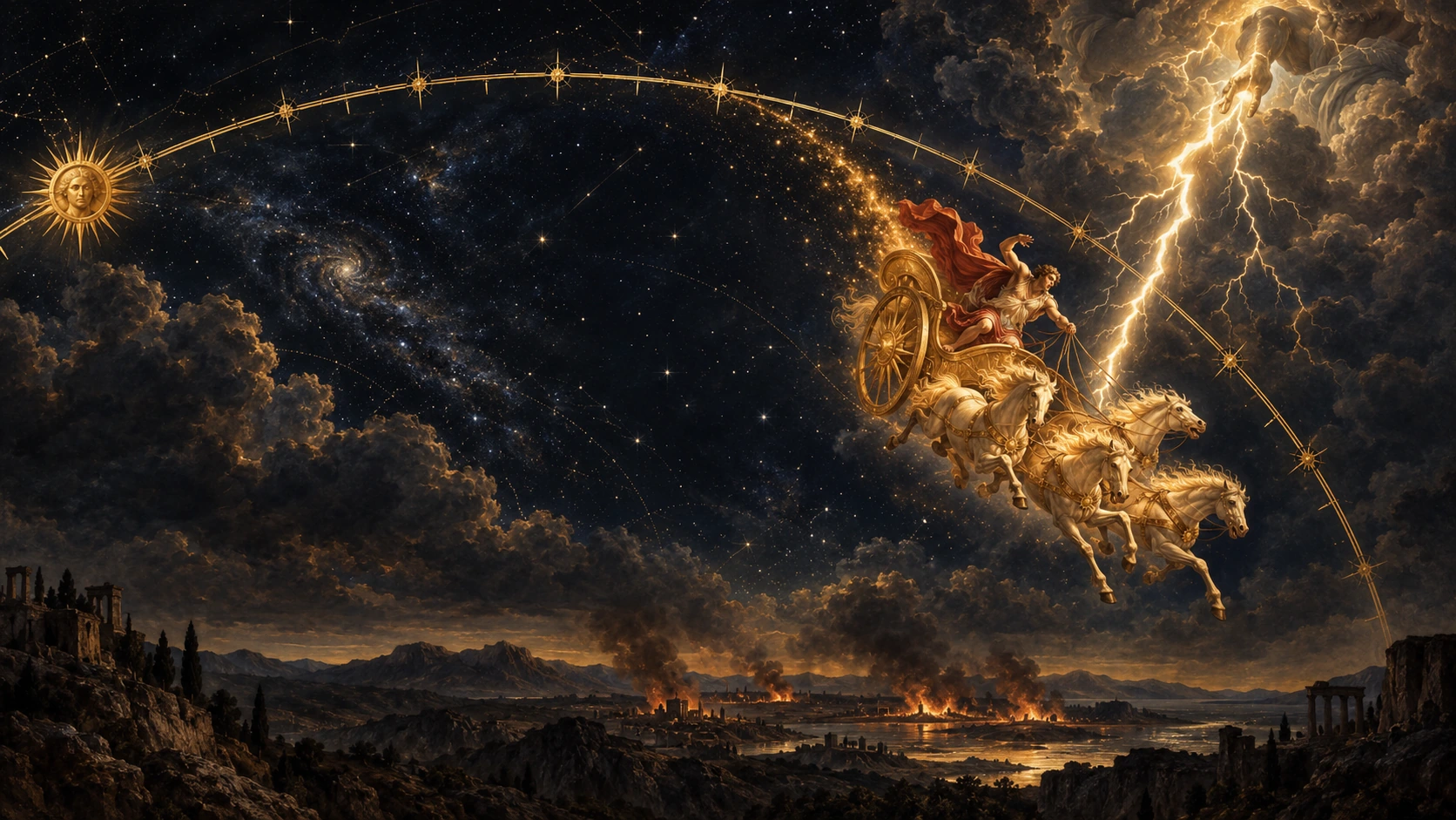 Phaethon's golden chariot and its 4 horses plunge from the road of the Sun, a gold arc marked with measures across the starry sky, as a thunderbolt strikes from the storm clouds above; the Sun's disc stands at the far end of the arc, and below, cities burn across a dark land.
