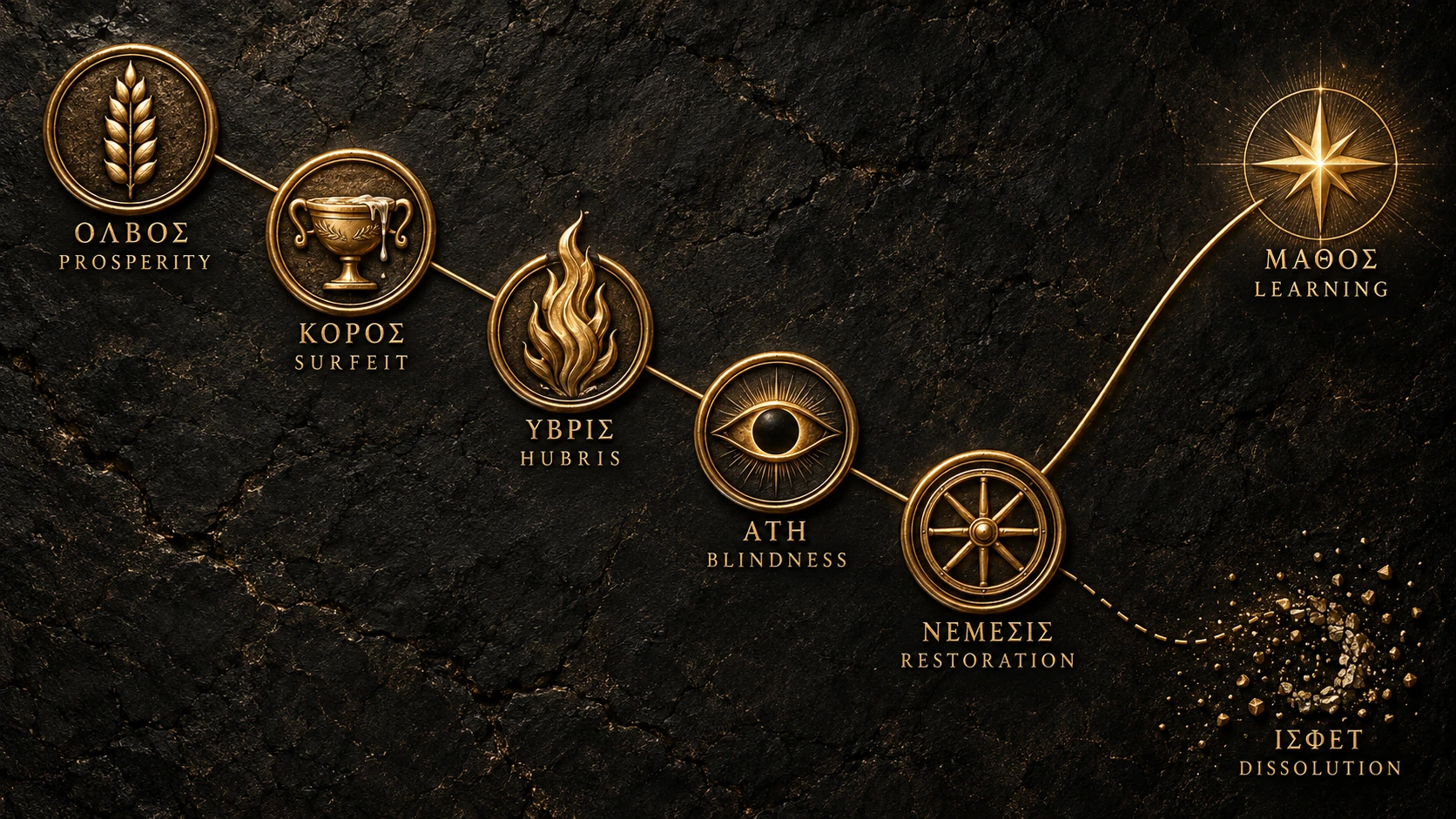 5 gold medallions descend across dark stone: ΟΛΒΟΣ, prosperity, a sheaf of grain; ΚΟΡΟΣ, surfeit, a cup; ΥΒΡΙΣ, hubris, a flame; ΑΤΗ, blindness, an eye; ΝΕΜΕΣΙΣ, restoration, a wheel. From the last, one path rises in gold to a star lettered ΜΑΘΟΣ, learning, and the other falls away in scattered sparks lettered ΙΣΦΕΤ, dissolution.