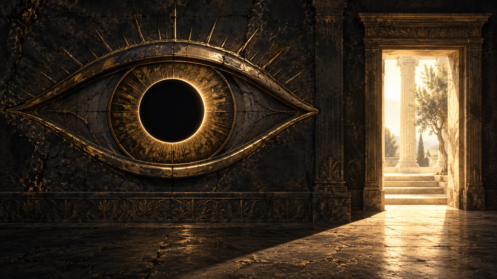 A great golden eye carved in a dark stone wall, its pupil eclipsed by a black disc in a ring of light; beside it, unseen, an open doorway lets in the daylight, with columns and an olive tree beyond.