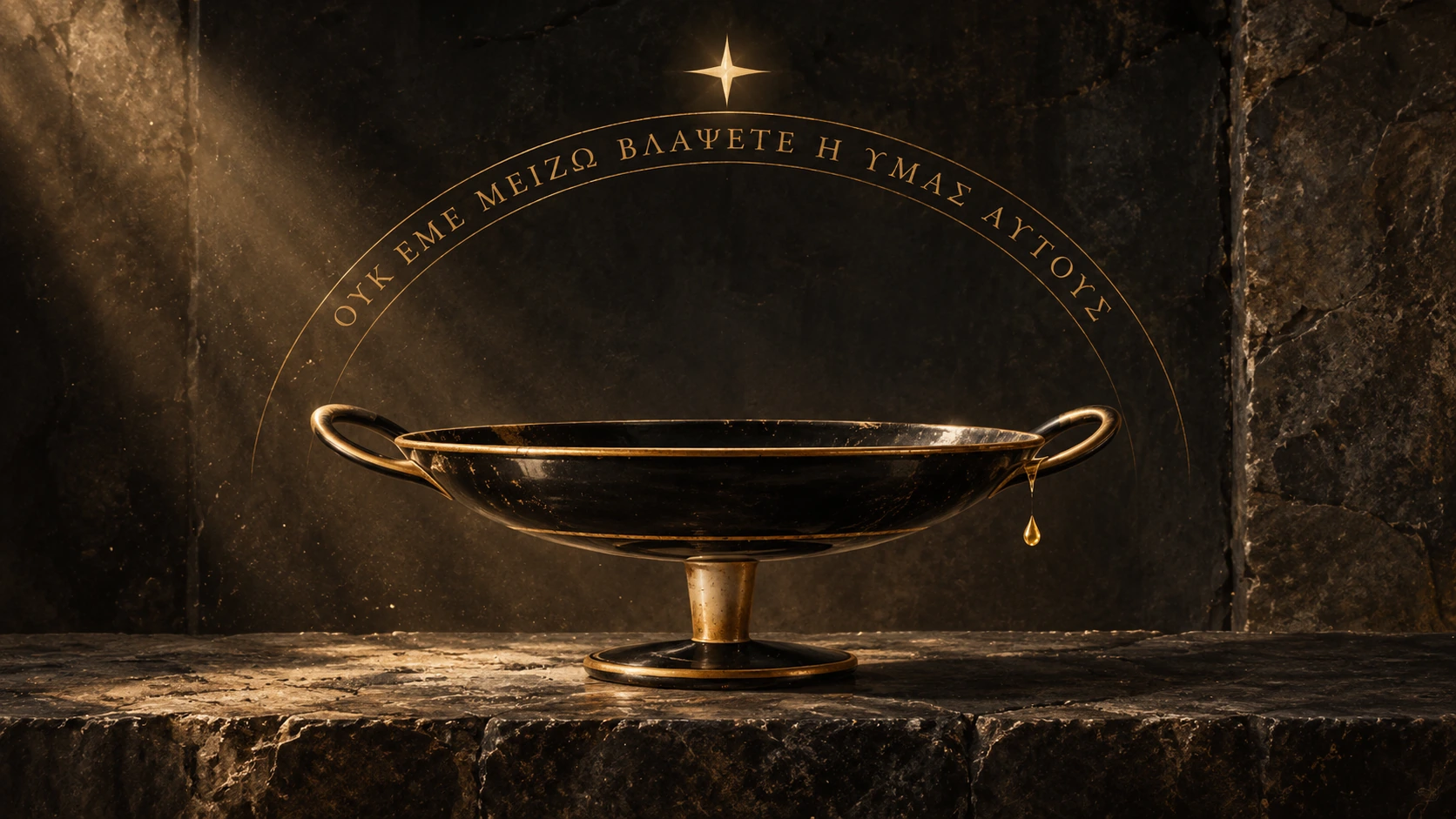 A shallow black Greek cup with 2 handles on a stone ledge, a single drop falling from its rim in a shaft of light; around it an arc of Greek capitals reads ΟΥΚ ΕΜΕ ΜΕΙΖΩ ΒΛΑΨΕΤΕ Η ΥΜΑΣ ΑΥΤΟΥΣ, and a lone star shines above.