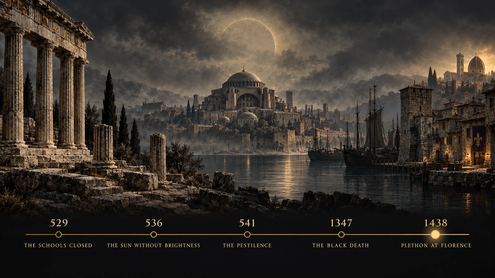 Under a pale, rayless Sun, the broken columns of a Greek temple, a domed city and a harbour town with its ships stand in the dusk; beneath them a gold timeline marks 529, the schools closed; 536, the Sun without brightness; 541, the pestilence; 1347, the Black Death; 1438, Plethon at Florence.