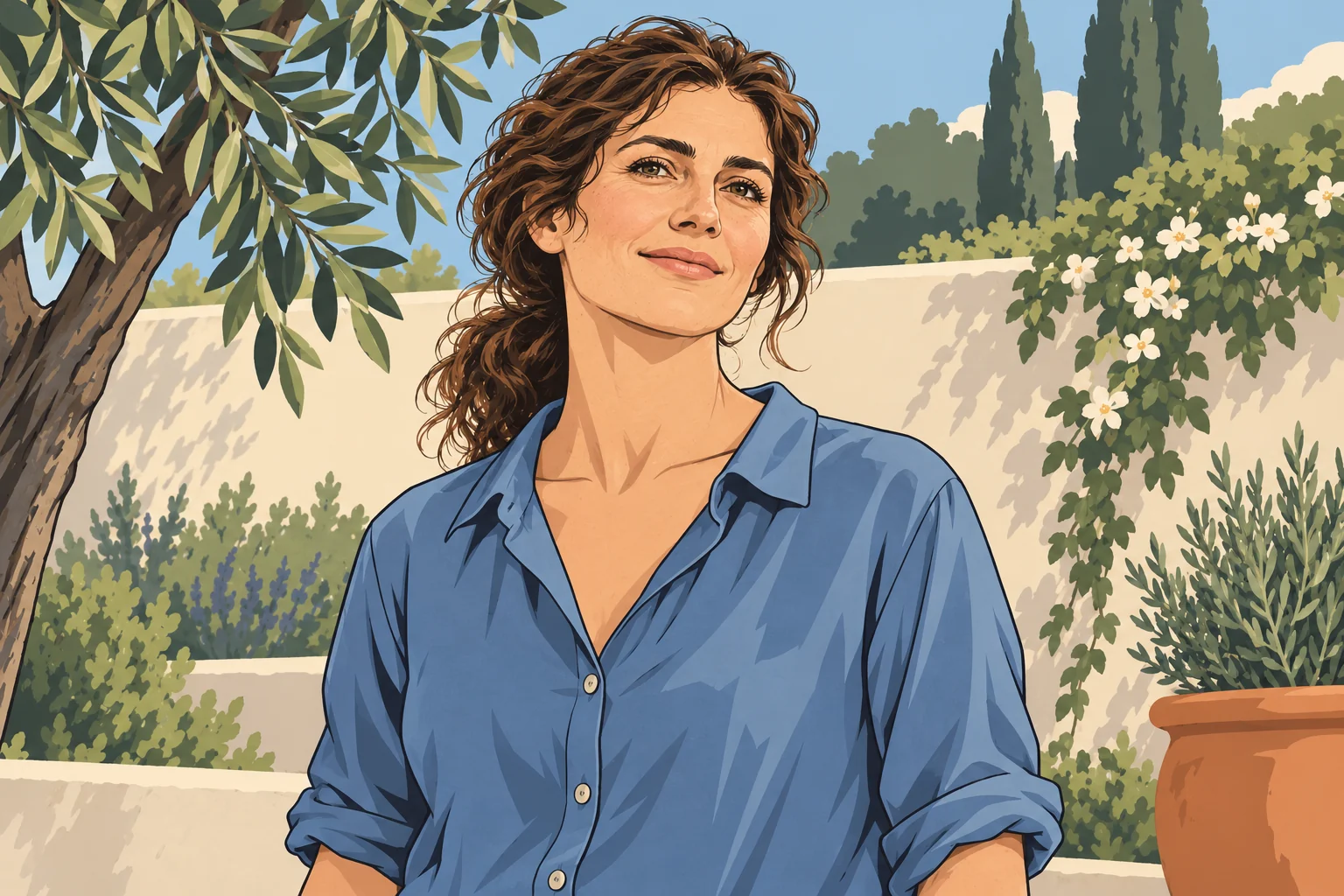 A recovered woman in an everyday blue shirt smiles peacefully in a sunny garden, drawn in a serious editorial cartoon style.