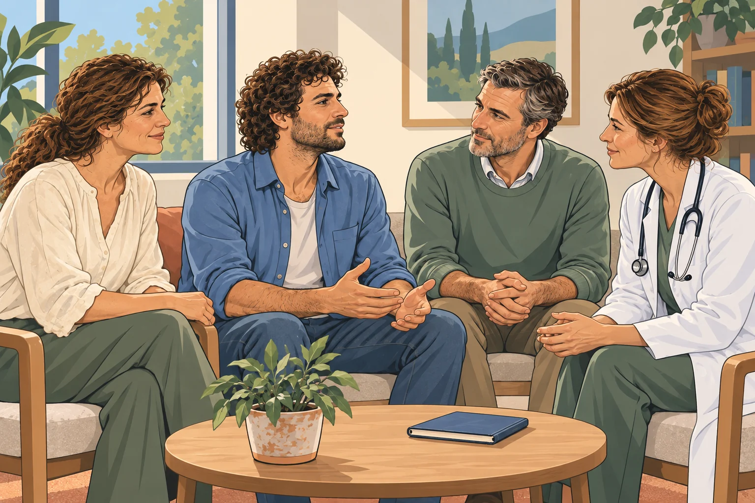 A spiritual mentor, a counsellor and a physician offer friendly support to a man in a simple welcoming room.