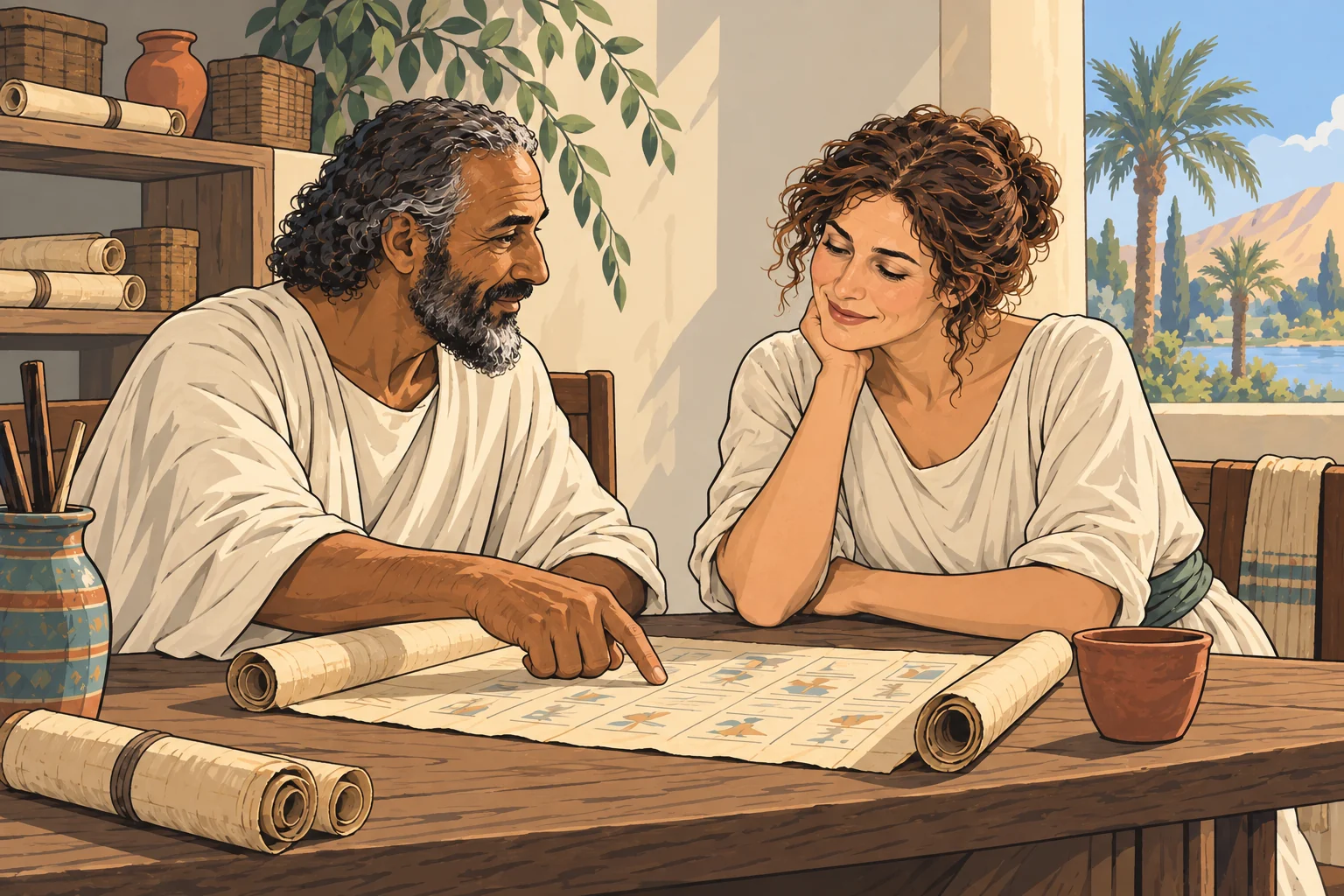 A teacher and an adult student share a papyrus at a wooden table in a modest Egyptian library.