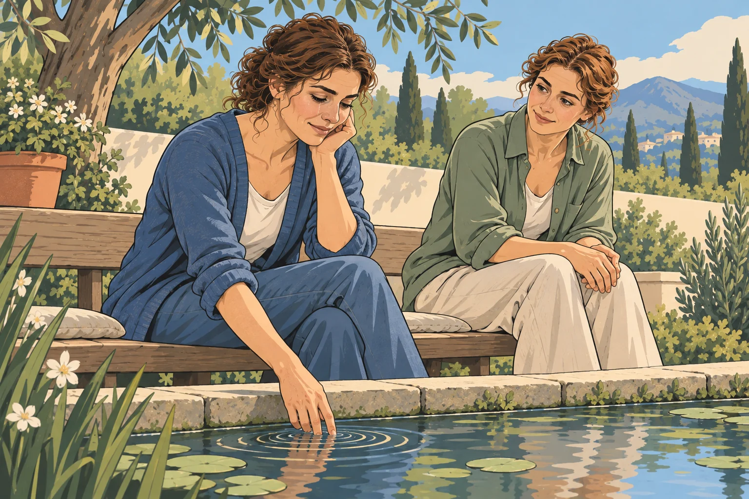 A woman experiences a quiet emotional release beside a garden pond, with a kind friend sitting nearby.