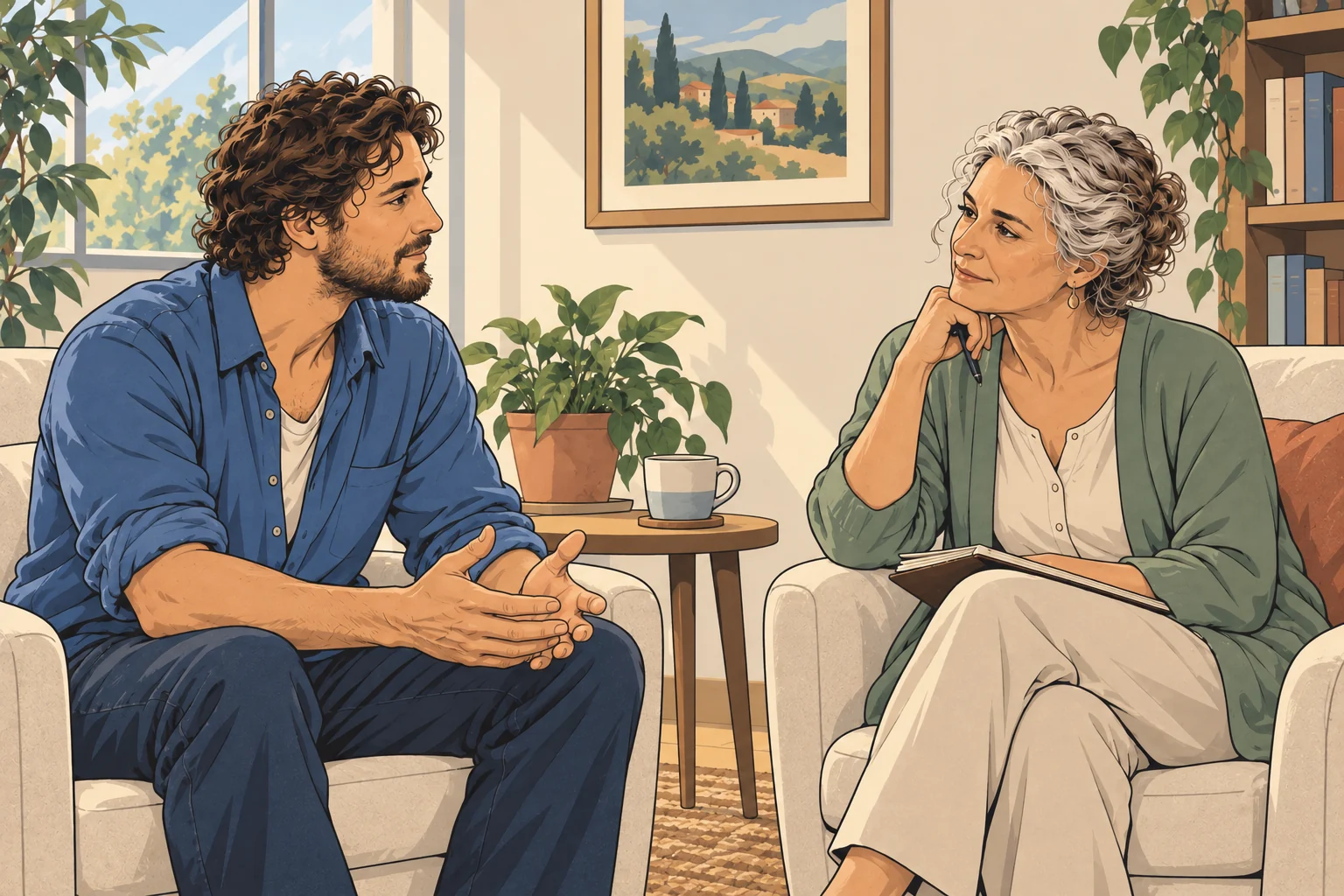 A man talks with an attentive older counsellor in a comfortable room.