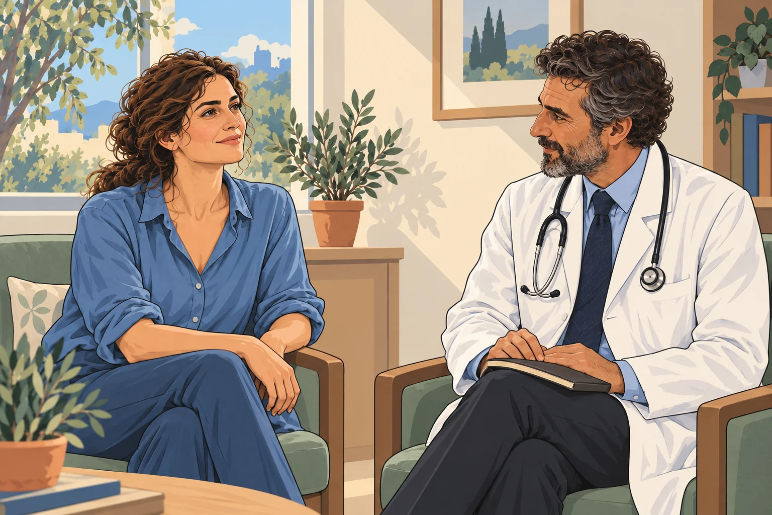A woman and her doctor have a relaxed, respectful conversation in a bright consulting room.
