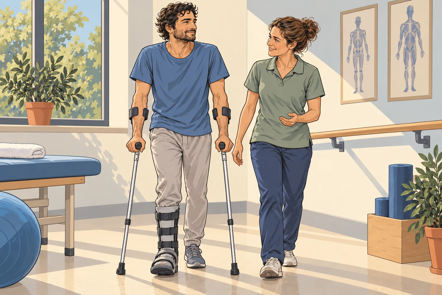 A recovering man uses forearm crutches and an orthopedic boot, accompanied by a friendly physiotherapist.