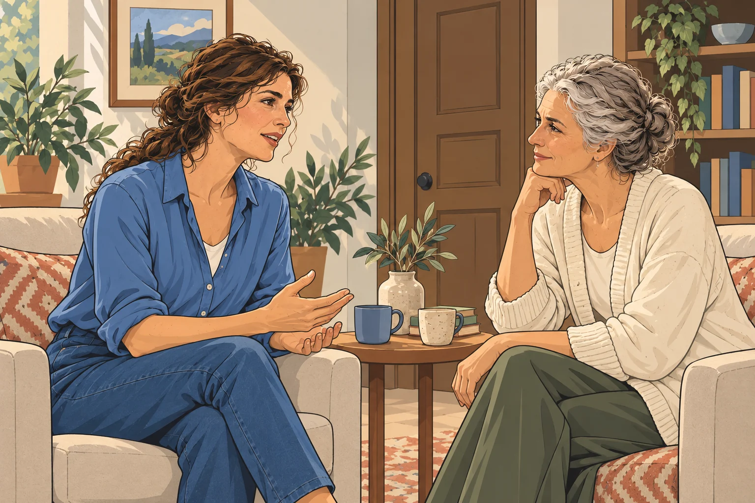 A woman speaks privately with an older spiritual mentor in a warm, simple study.