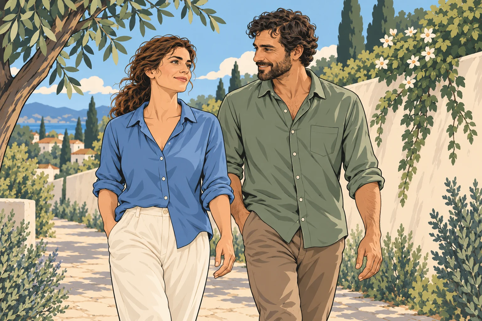 A woman and a man walk together with relaxed smiles along a sunny neighborhood garden path.