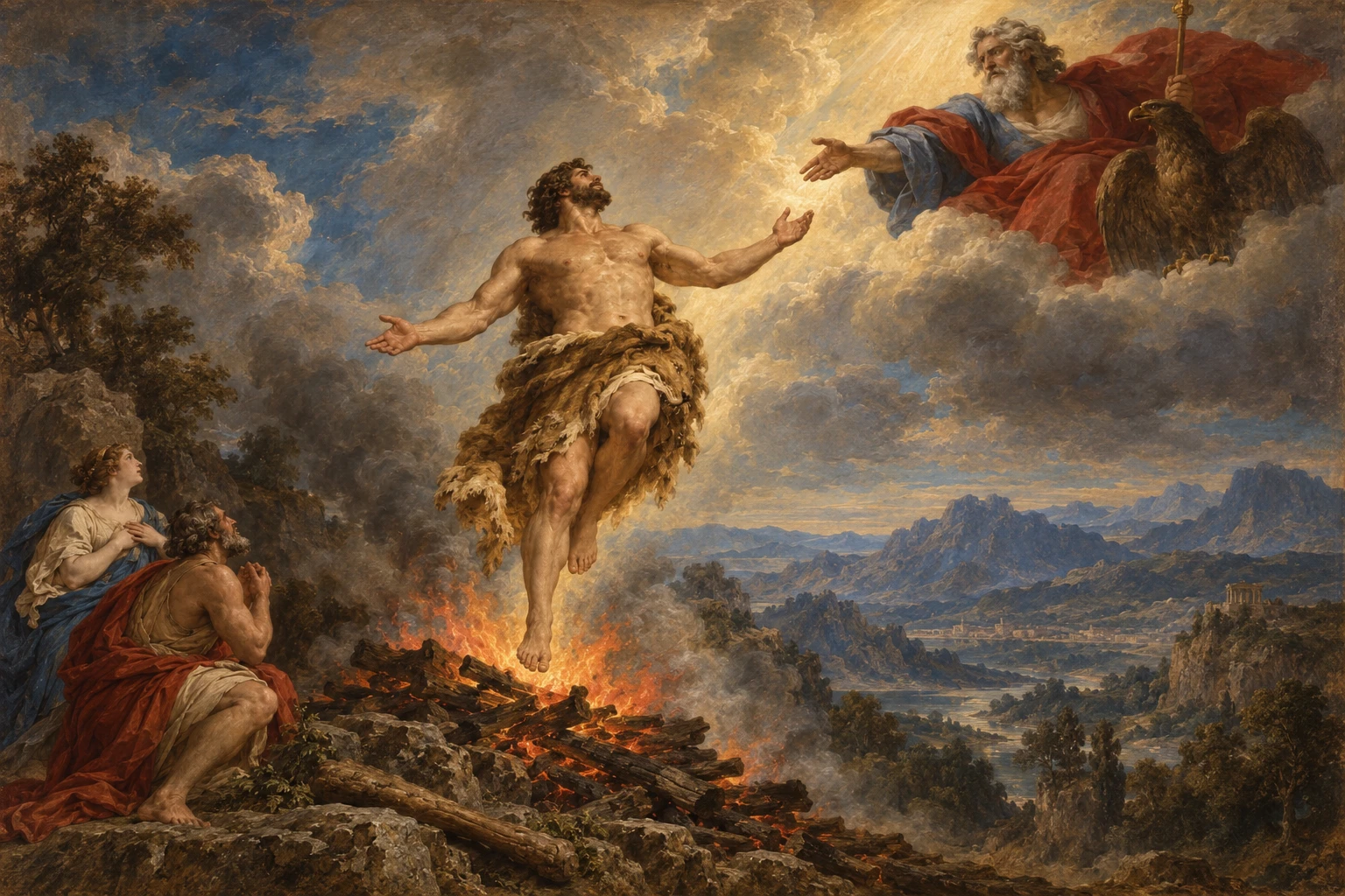 Heracles rises from the burning pyre on Mount Oeta in his lion skin, his arms open toward Zeus, who reaches down to him from the clouds with his sceptre and his eagle, while a woman and an old man kneel on the rocks and watch.