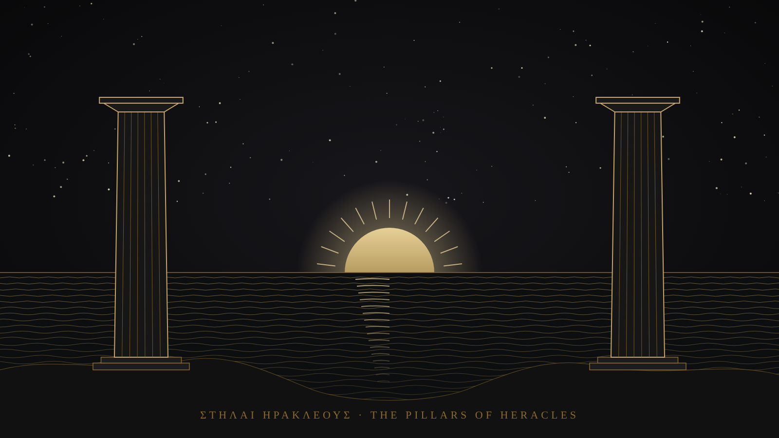 Two tall columns on a shore at the edge of the world, the sun setting between them over the sea, in gold on black.