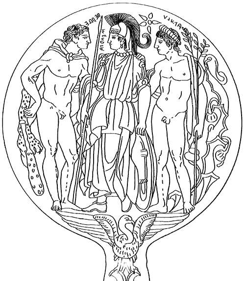Etruscan bronze mirror with Hercle, Menvra and Apulu