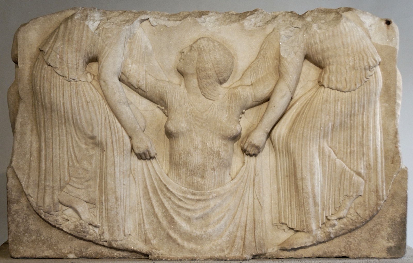 The so-called Ludovisi Throne, main panel: Aphrodite attended by two handmaidens as she rises out of the surf