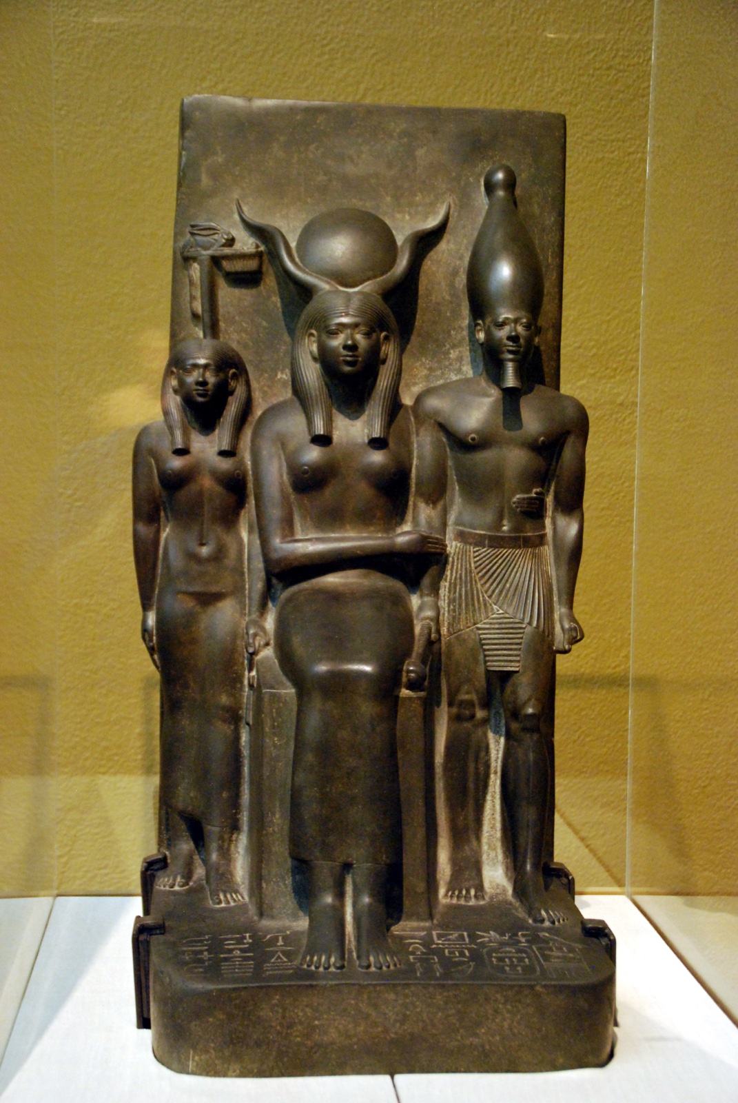 Triad of King Menkaura (Mycerinus) with the goddess Hathor and the goddess of the Hare nome