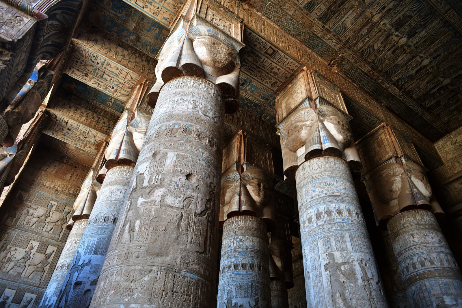 Hathor columns in the hypostyle hall of the temple at Dendera