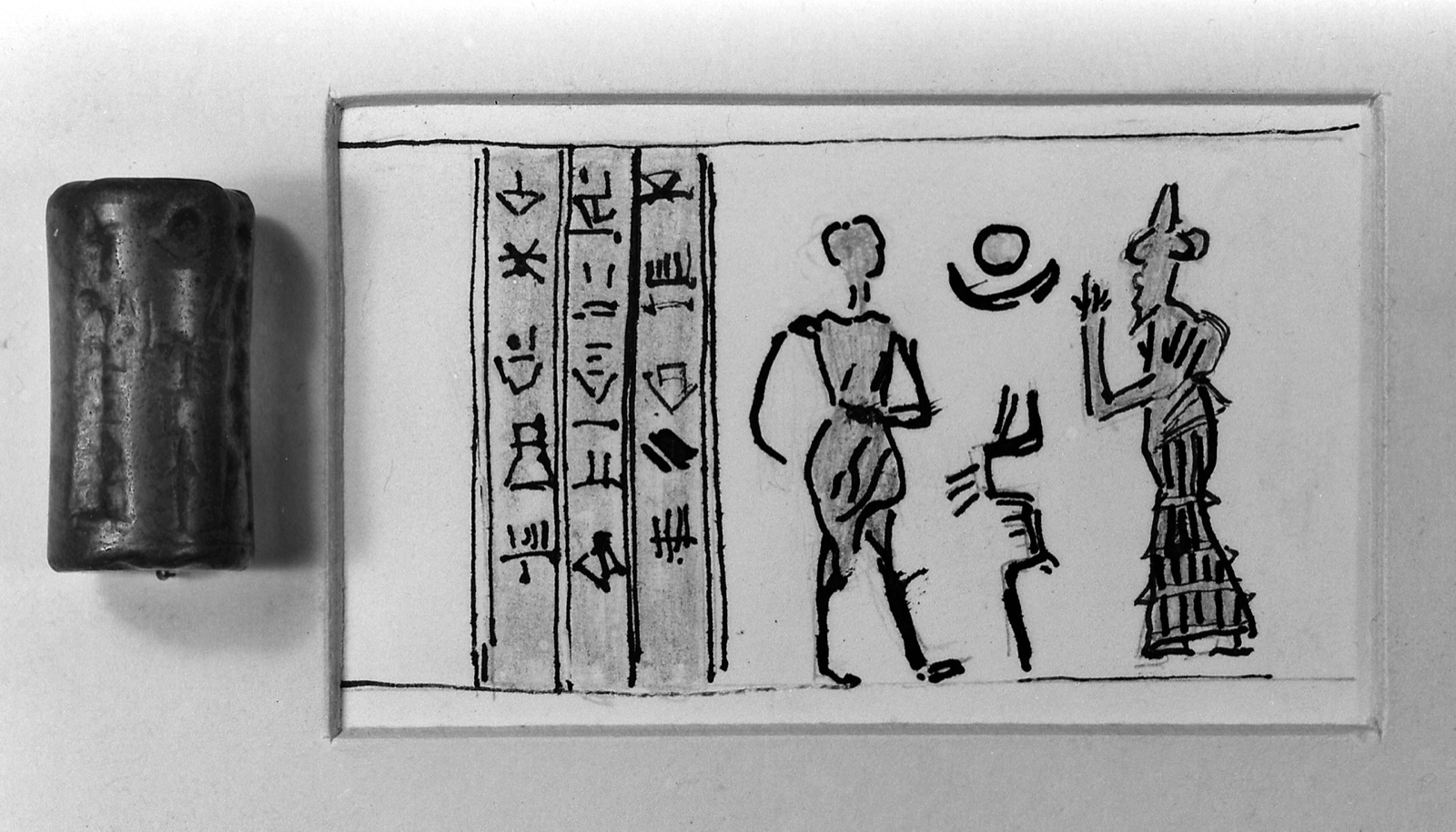 Cylinder seal and sketch of its impression depicting Nergal, god of plague and the netherworld