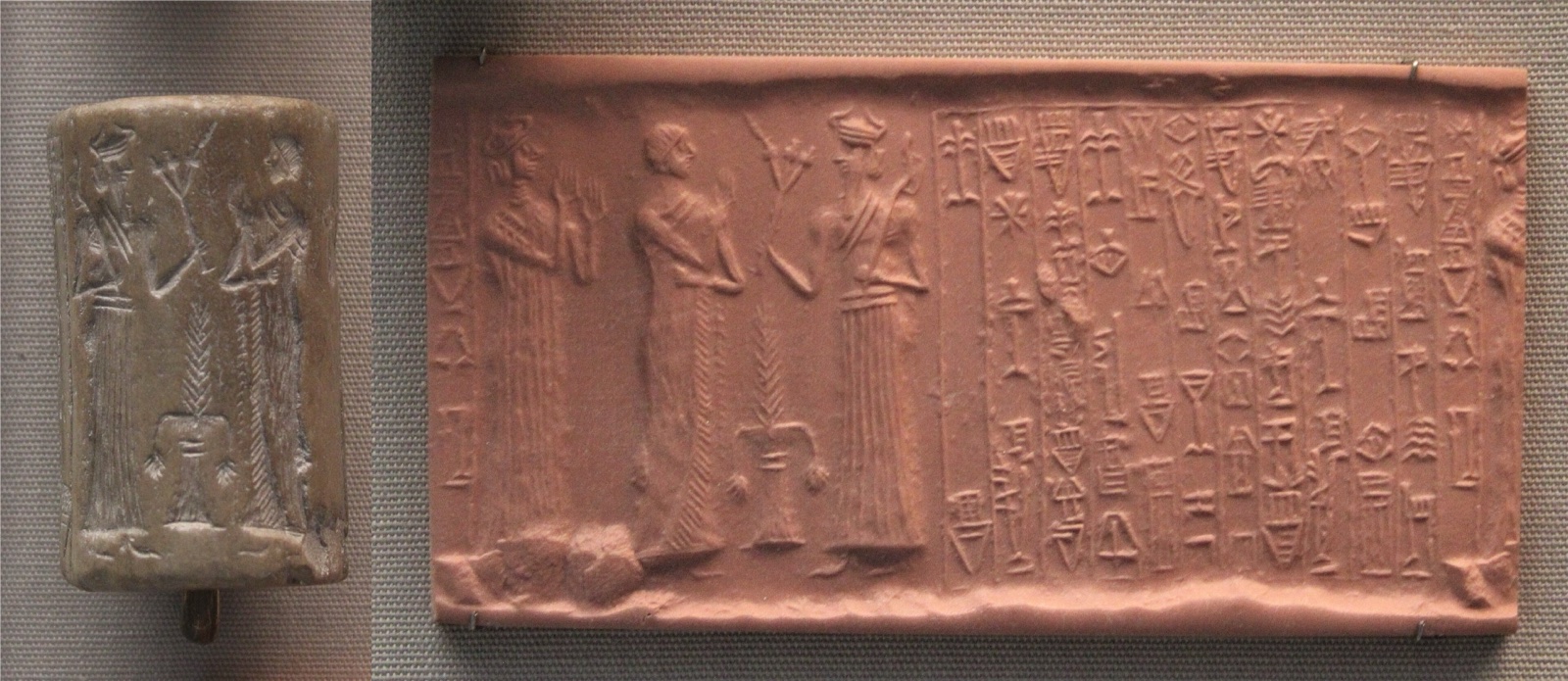 Calcite cylinder seal with modern impression, Third Dynasty of Ur: a worshipper prays before the god Meslamtaea, who carries the attributes of a warrior god, with a protective goddess behind him