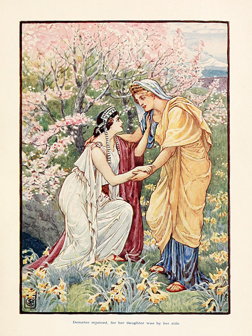 An illustration of Demeter embracing her daughter among spring flowers