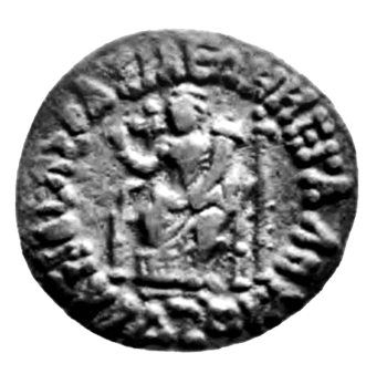 A bronze coin with an enthroned figure