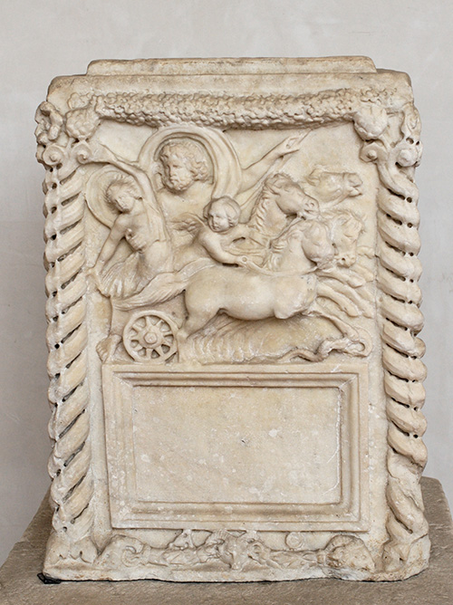 A Roman marble relief: the God in his chariot carrying off Proserpina