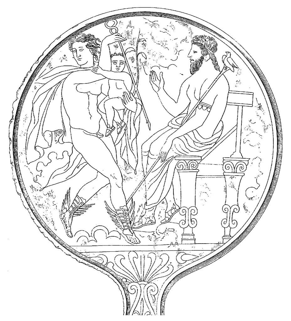 An Etruscan bronze mirror, its engraved back drawn: a youth and a bearded God enthroned, with the Gods around them