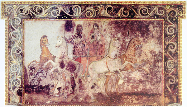 A wall painting: the God in his chariot with its horses, carrying Persephone away