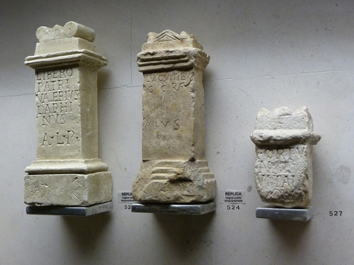 Votive pillars to Liber. The one on the left reads Libero Patri Valerius Daphinus a[nimo] l[ibens] p[osuit]: "Valerius Daphinus erects [this monument] to Liber Pater of his free will."