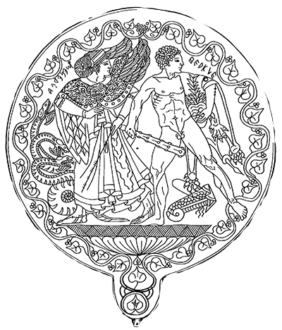 Etruscan mirror with winged Menrva and Hercle
