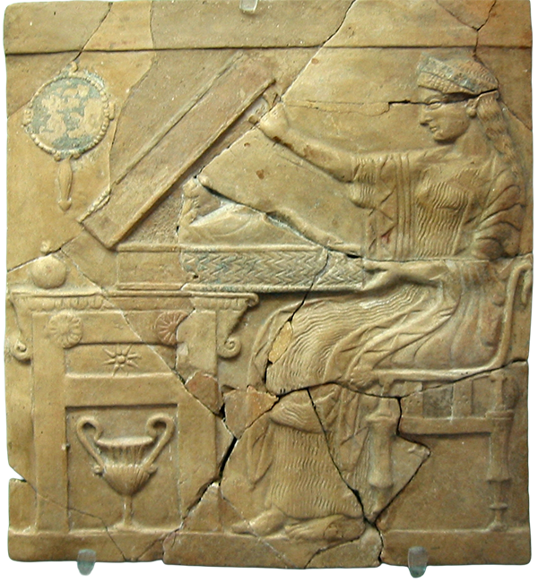Persephone opening a cista, Locrian pinax