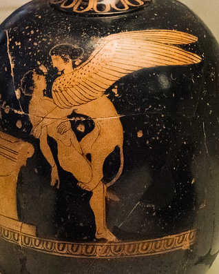 Vase painting of a sphinx seizing a youth