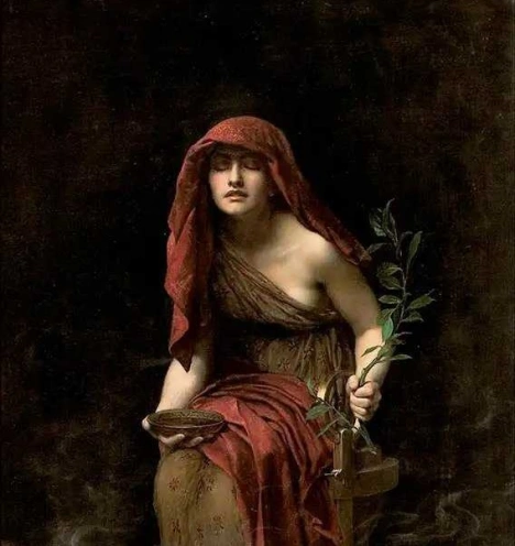 A priestess holding a bowl and sacred branch