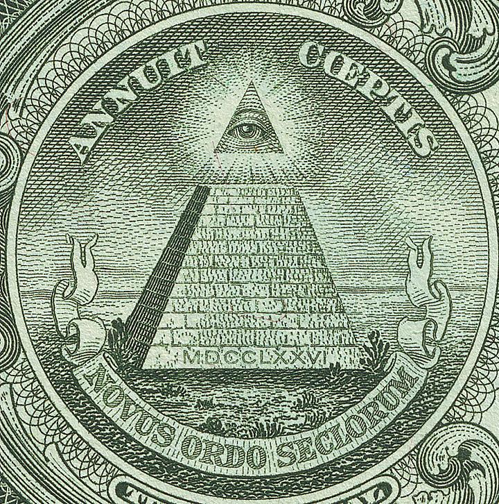 The Eye of Providence above the unfinished pyramid on the United States dollar.