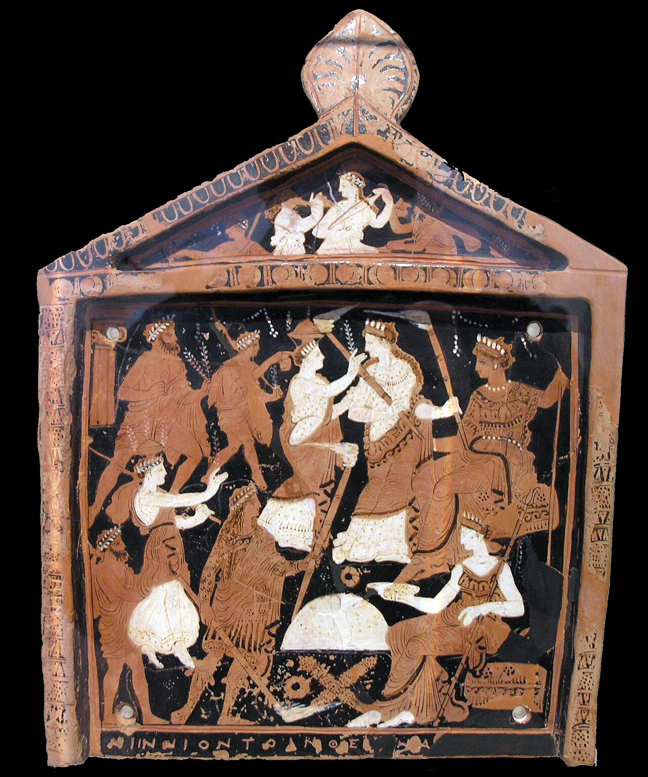 Painted terracotta votive plaque from Eleusis: a procession of wreathed initiates with torches and branches approaching the enthroned goddesses Demeter and Persephone